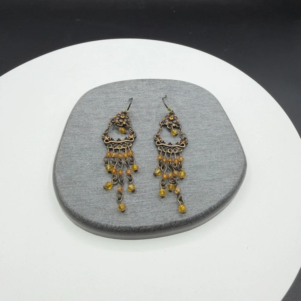 Bronze & Amber Tone Bead Chandelier Earrings Boho Floral Statement Pierced Drop